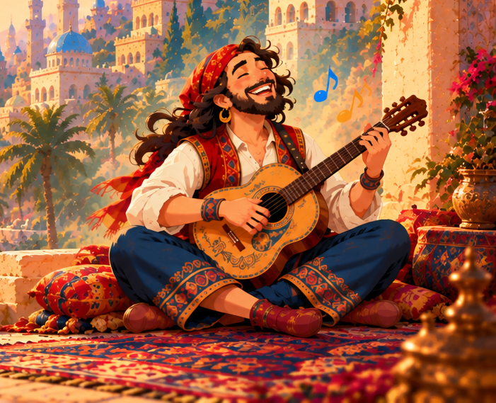 A joyful musician in a colorful storybook city